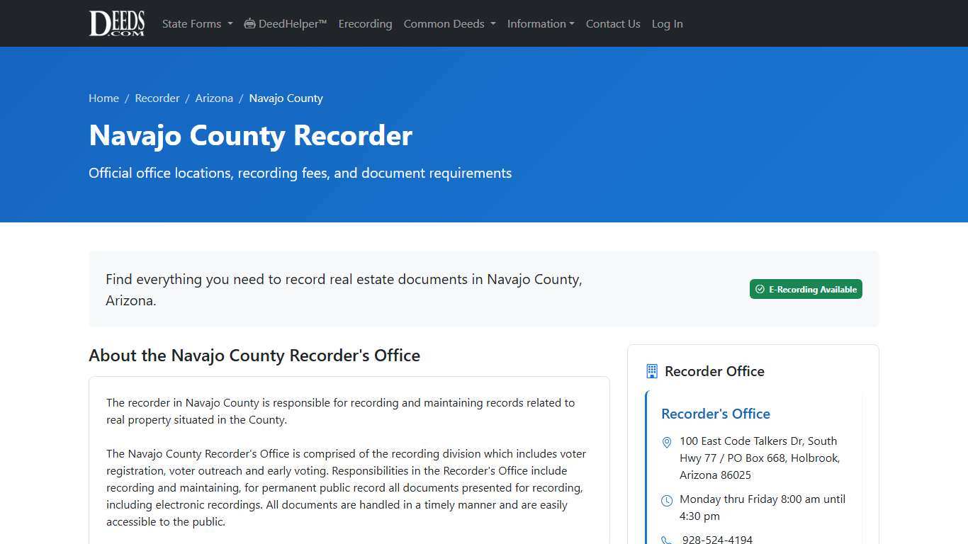 Navajo County Recorder Information, Arizona - Deeds.com